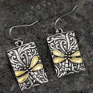 Oumei Inspired Dragonfly Earrings Engraved Two-Tone Rectangular Retro Boho Chic